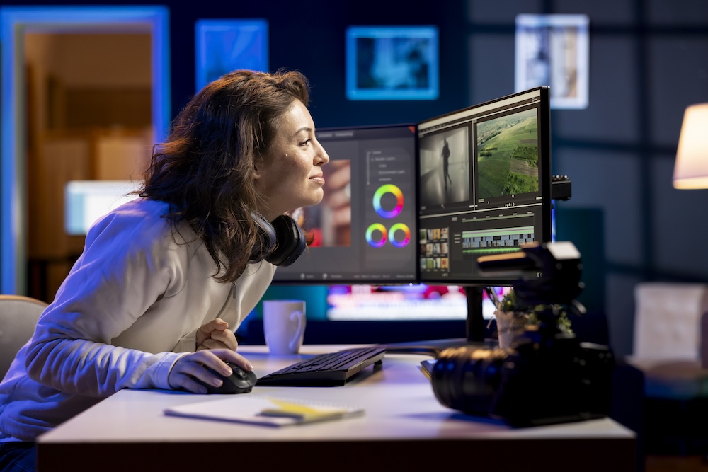 a happy employee working on video content